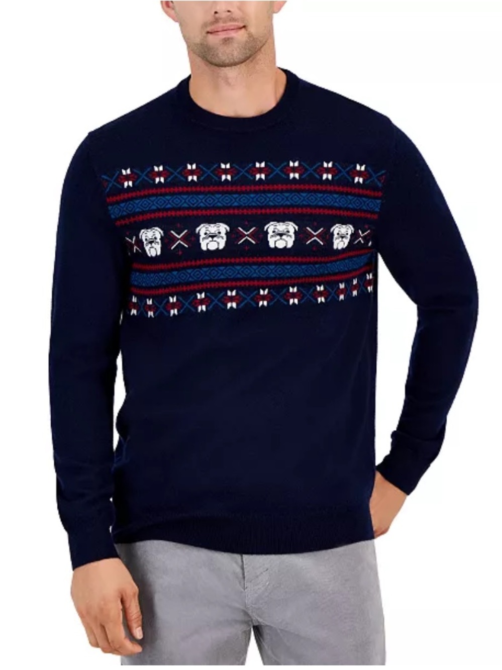 Club Room Fair Isle Navy Crewneck Holiday Sweater Merino Wool Bulldogs Large